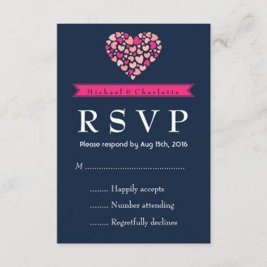 Navy Blue Pink Wedding RSVP Card with Love