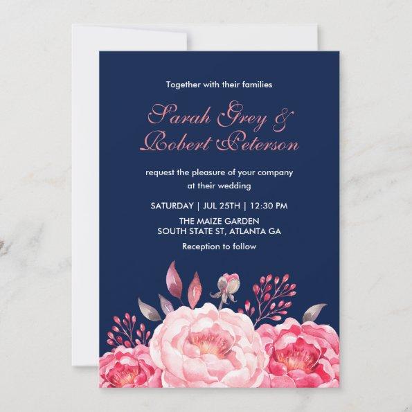 Navy Blue Roses Stripes Floral Wedding Invitations