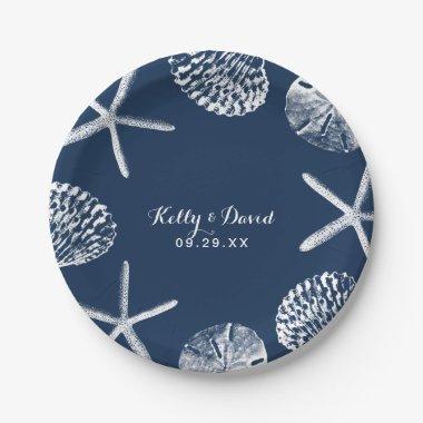 Navy Blue Seashells Summer Beach Wedding Paper Plates