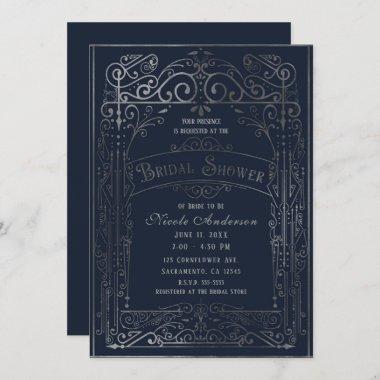 Navy Blue & Silver Vintage Victorian Bridal Shower Invitations