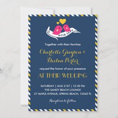 Navy Blue Stripes Love Birds Wedding Invitations