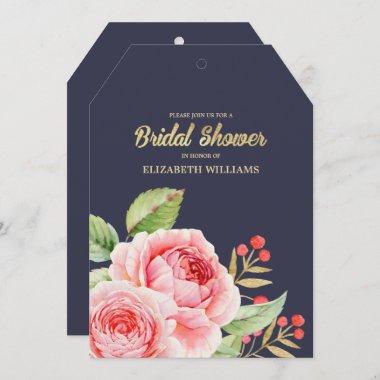 Navy Blue Watercolor Floral Design Bridal Shower Invitations