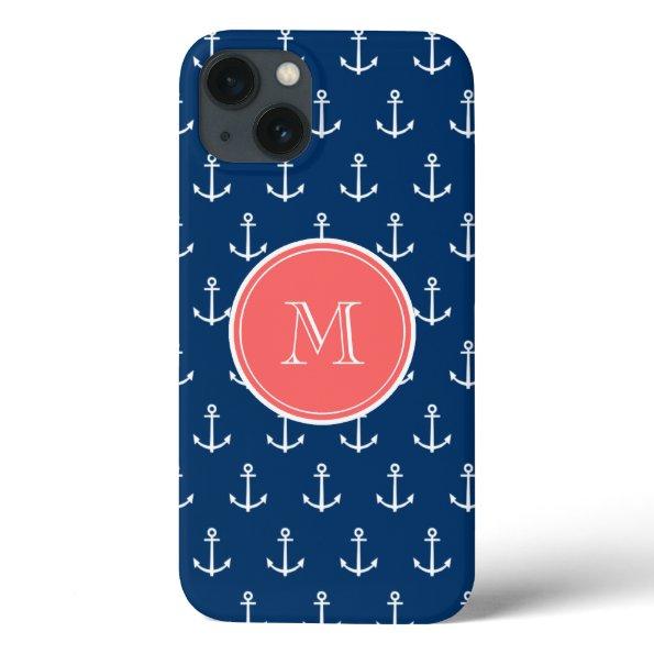 Navy Blue White Anchors Pattern, Coral Monogram 2 iPhone 13 Case