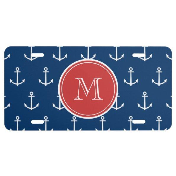 Navy Blue White Anchors Pattern, Red Monogram License Plate
