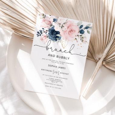 Navy blush floral brunch and bubbly bridal shower Invitations