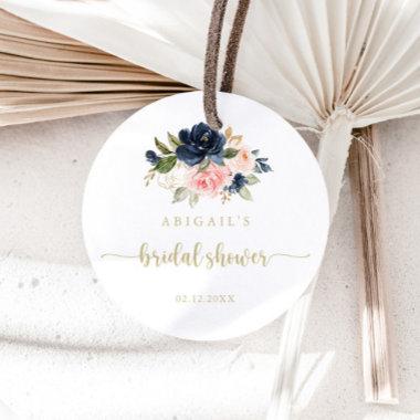 Navy Blush Floral Gold Bridal Shower Favor  Classic Round Sticker