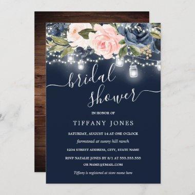 Navy Blush Pink Floral Rustic Wood Bridal Shower Invitations