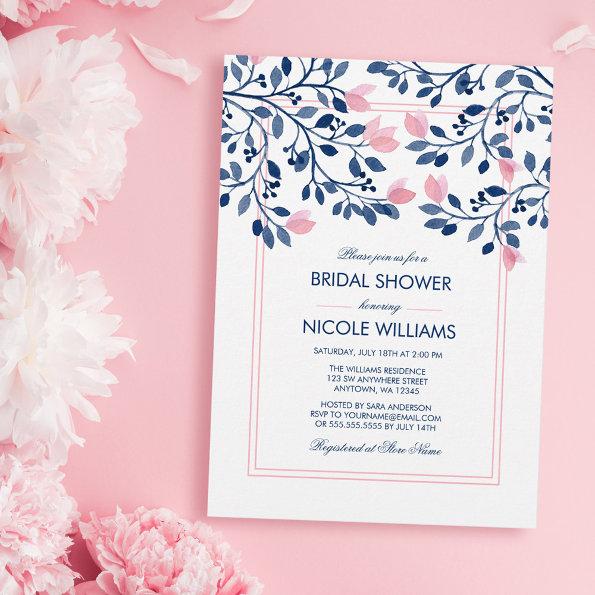 Navy Blush Pink Floral Watercolor Bridal Shower Invitations