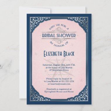 Navy Blush Pink Silver Vintage Frame Bridal Shower Invitations