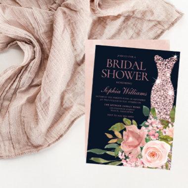 Navy & Blush Rose Gold Dress Floral Bridal Shower Invitations