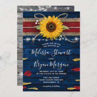 Navy Gray Red Rose Sunflower Rustic Wood Wedding Invitations