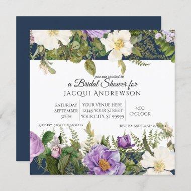 Navy n Lavender Ivory Roses Floral Bridal Shower Invitations