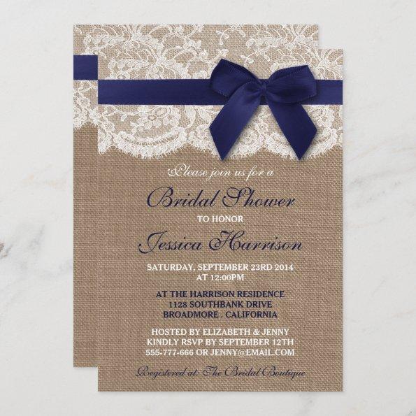 Navy Ribbon On Burlap & Lace Bridal Shower Invitations