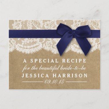 Navy Ribbon On Kraft & Lace Bridal Shower Recipe Invitation PostInvitations
