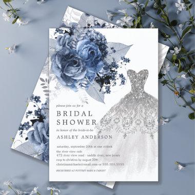 Navy & Silver Floral Wedding Dress Bridal Shower Invitations