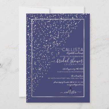 Navy Silver Glitter Diagonal Bridal Shower Invitations