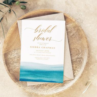 Ocean Watercolor Gold Script Beach Bridal Shower Invitations