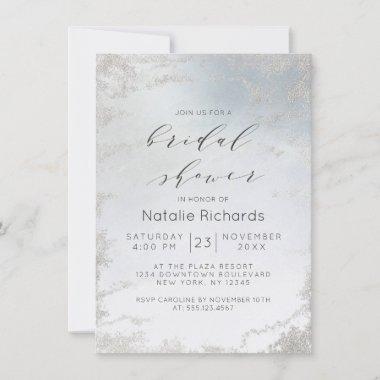 Ombre Dusty Blue Frosted Silver Foil Bridal Shower Invitations