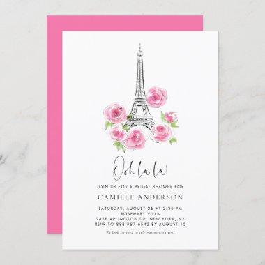 Ooh la la Eiffel Tower Pink Floral Bridal Shower Invitations