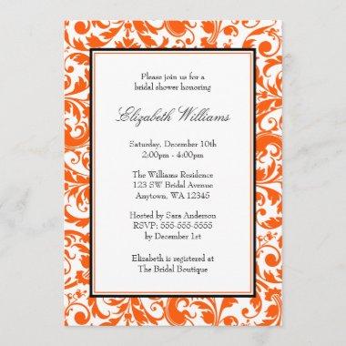 Orange and Black Swirl Damask Bridal Shower Invitations