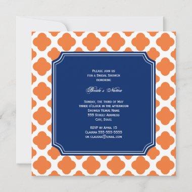 Orange and Royal Blue Quatrefoil Bridal Shower Invitations