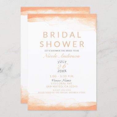 Orange Coral Watercolor Modern Bridal Shower Invitations