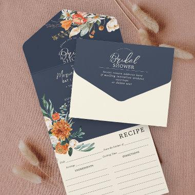 Orange & Navy Floral Bridal Shower & Recipe All In One Invitations