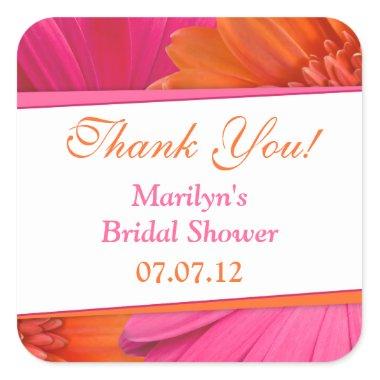 Orange Pink Gerbera Daisy Bridal Shower Thank You Square Sticker
