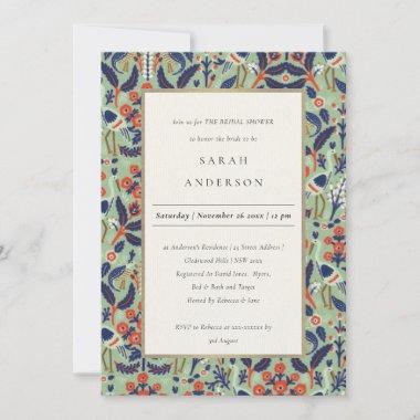 Ornate Teal Navy Floral Peacock Bridal Shower Invitations