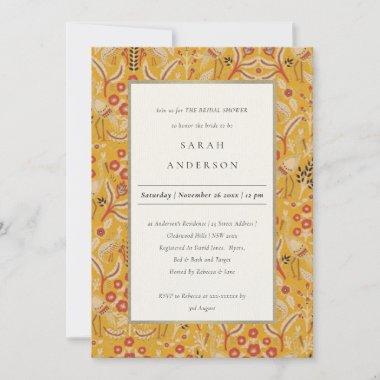 Ornate Yellow Gold Floral Peacock Bridal Shower Invitations