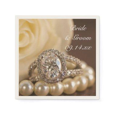 Oval Diamond Ring and White Rose Wedding Napkins