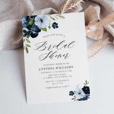 painted floral navy and light blue bridal shower Invitations