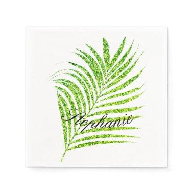 Palm Leaves Glittery Green Custom Name Cute Napkins