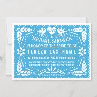 Papel picado love birds blue wedding bridal shower Invitations