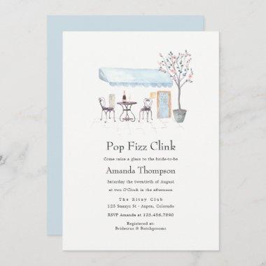 Paris Cafe Watercolor Pop Fizz Clink Bridal Shower Invitations