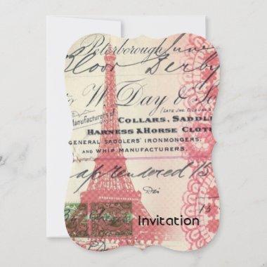 Paris chic french scripts lace pink eiffel tower Invitations