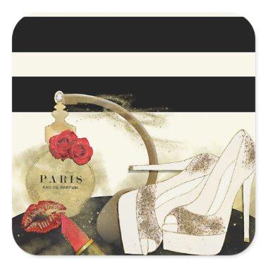 Paris Parfum Perfume Roses Heels & Lipstick Square Sticker