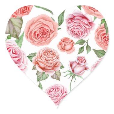 Peach Coral Pink Roses Greenery Leaves Party Favor Heart Sticker