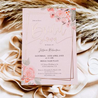 Peach floral rose gold script bridal shower foil Invitations