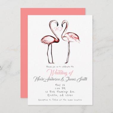 Peach Pink Flamingos Flamingo Elegant Wedding Invitations
