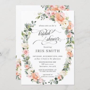 Peach Pink Ivory Floral Leafy Wreath Bridal Shower Invitations