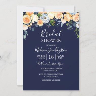 Peach Rose Thistle Watercolor Floral Bridal Shower Invitations