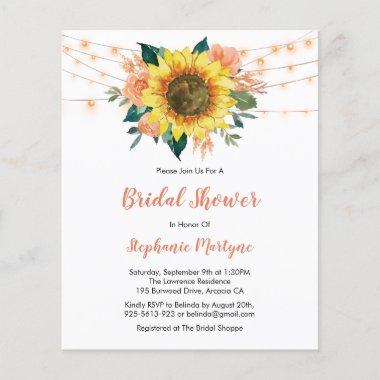 Peach Sunflower Lights Budget Bridal Shower Invite