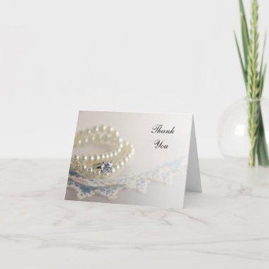 Pearls, Diamond Ring, Blue Lace Wedding Thank You