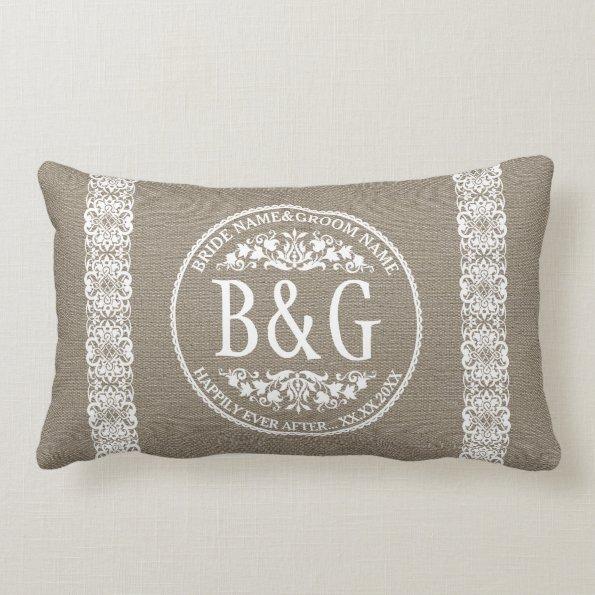 Personalized Bride&Groom Burlap&Lace Lumbar Pillow