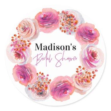 Personalized Bride Name Bridal Shower Pink Floral Classic Round Sticker