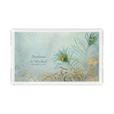 Personalized Bride Vintage Scroll Peacock Feathers Acrylic Tray