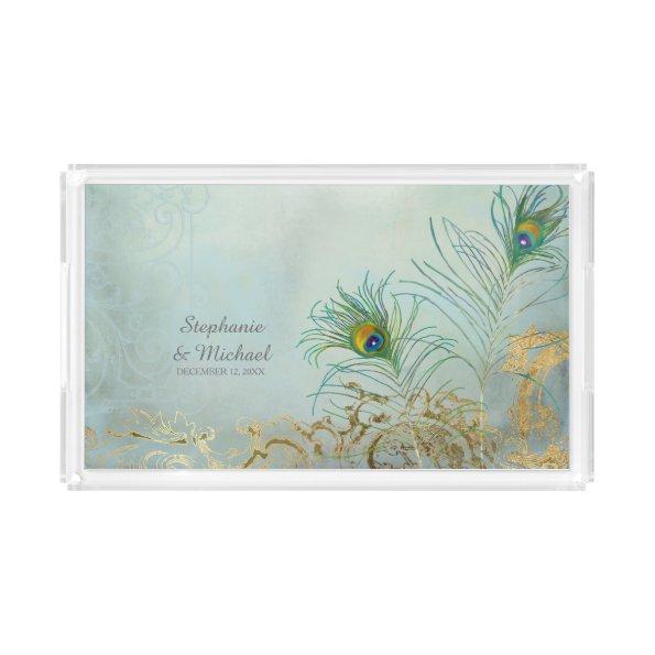 Personalized Bride Vintage Scroll Peacock Feathers Acrylic Tray