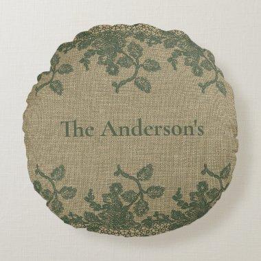 Personalized Green Leaves Lace Tan Rustic Country Round Pillow