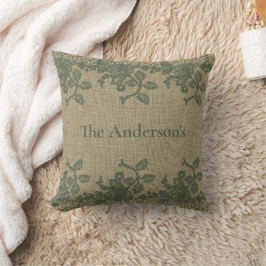 Personalized Green Leaves Lace Tan Rustic Country Throw Pillow